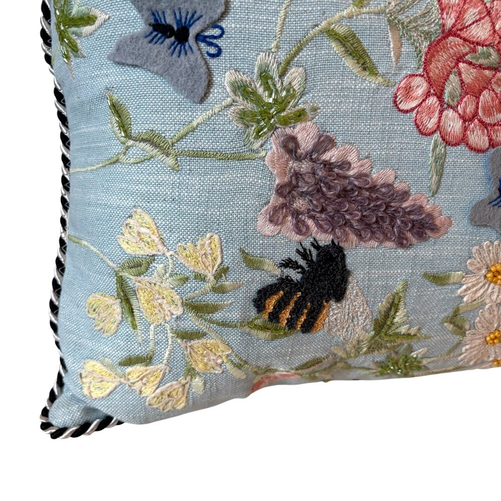 NEW Mackenzie-Childs Floral & Bee Throw Pillow 18x18 Embroidered Spring Decor - Picture 11 of 13